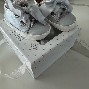 Badgley Mischka Silver Baby Walker Shoes with Ribbon Laces
